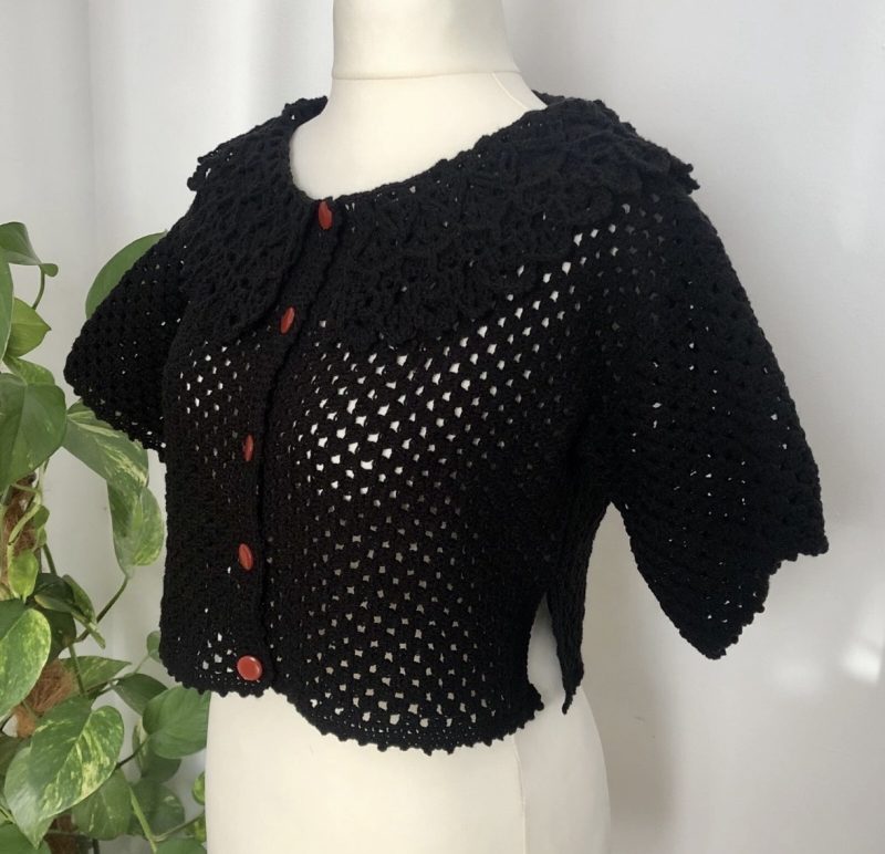 Women's Hand-Crocheted Black Granny Square Crop Top with Lace Collar