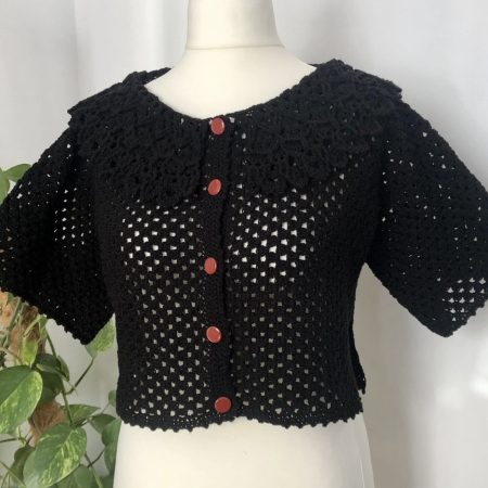 Women's Hand-Crocheted Black Granny Square Crop Top with Lace Collar