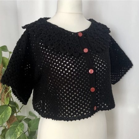 Women's Hand-Crocheted Black Granny Square Crop Top with Lace Collar