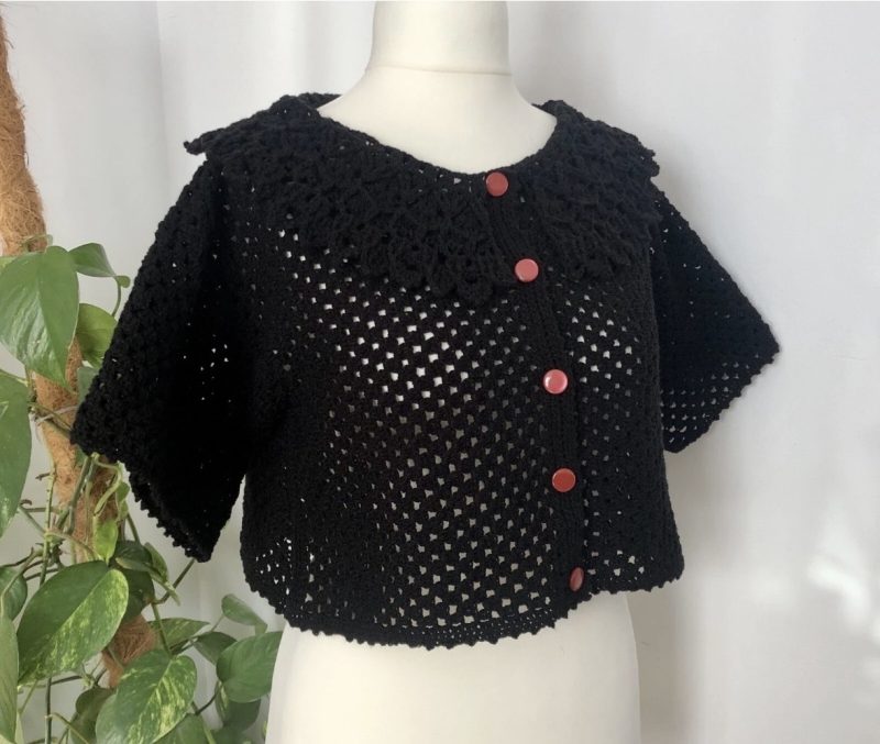 Women's Hand-Crocheted Black Granny Square Crop Top with Lace Collar