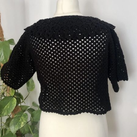 Women's Hand-Crocheted Black Granny Square Crop Top with Lace Collar