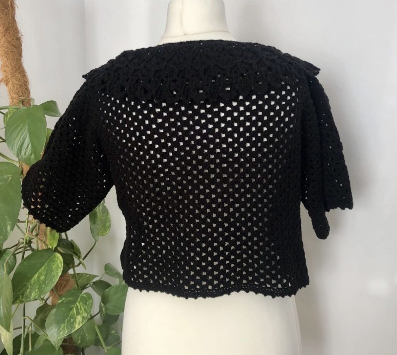 Women's Hand-Crocheted Black Granny Square Crop Top with Lace Collar