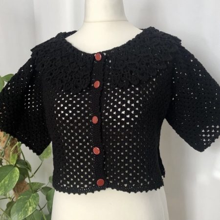 Women's Hand-Crocheted Black Granny Square Crop Top with Lace Collar