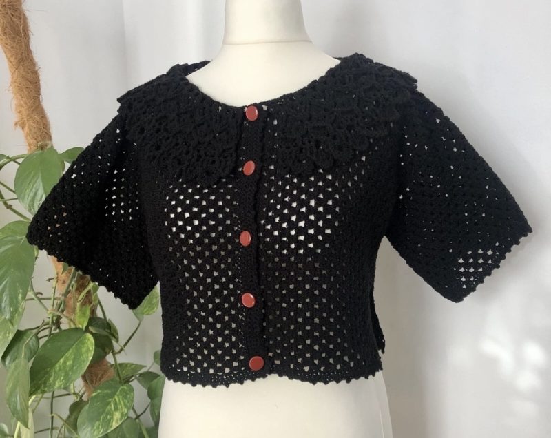 Women's Hand-Crocheted Black Granny Square Crop Top with Lace Collar