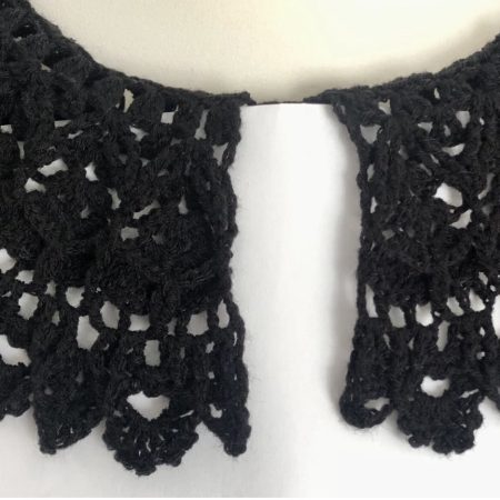 Women's Hand-Crocheted Black Granny Square Crop Top with Lace Collar