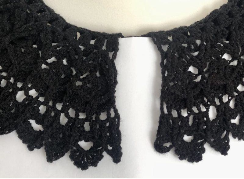 Women's Hand-Crocheted Black Granny Square Crop Top with Lace Collar