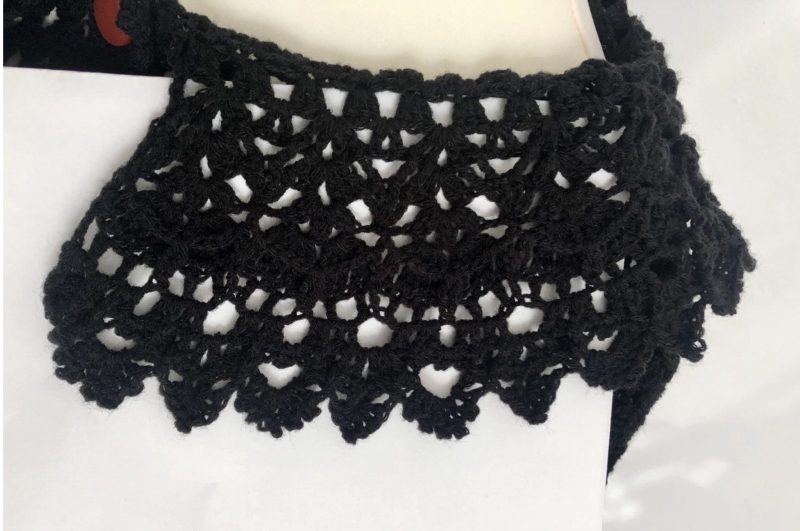Women's Hand-Crocheted Black Granny Square Crop Top with Lace Collar