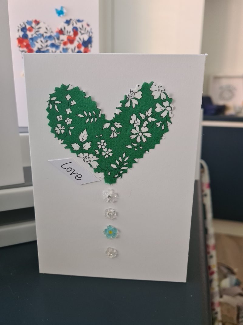 Handmade Liberty of London Heart Card in Green Floral Fabric