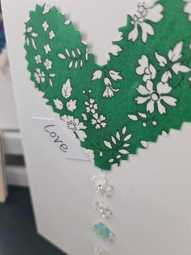 Handmade Liberty of London Heart Card in Green Floral Fabric