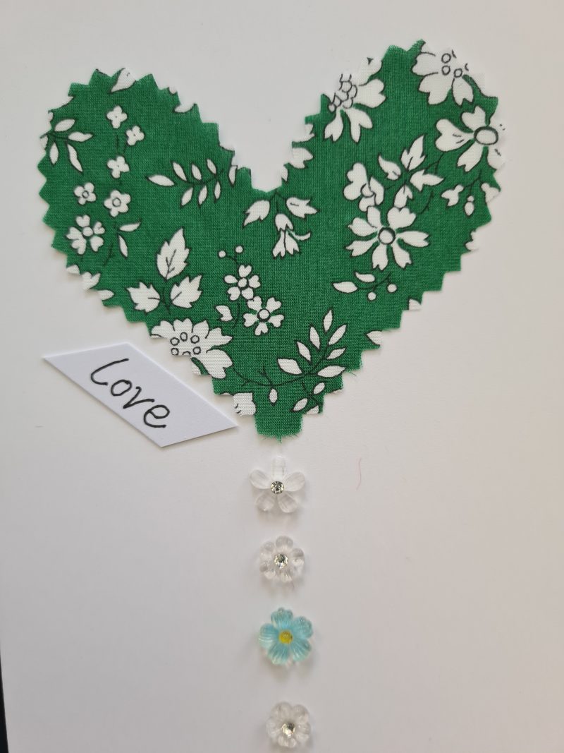 Handmade Liberty of London Heart Card in Green Floral Fabric