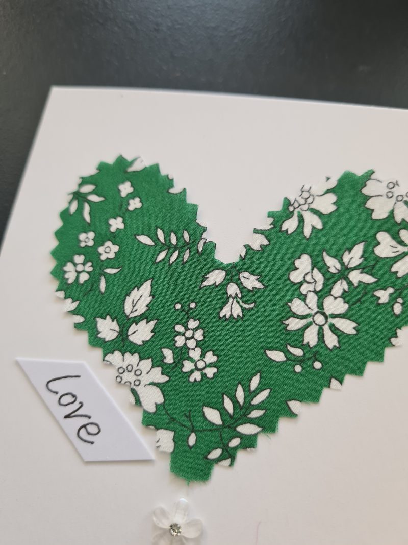 Handmade Liberty of London Heart Card in Green Floral Fabric