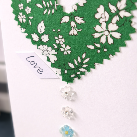 Handmade Liberty of London Heart Card in Green Floral Fabric