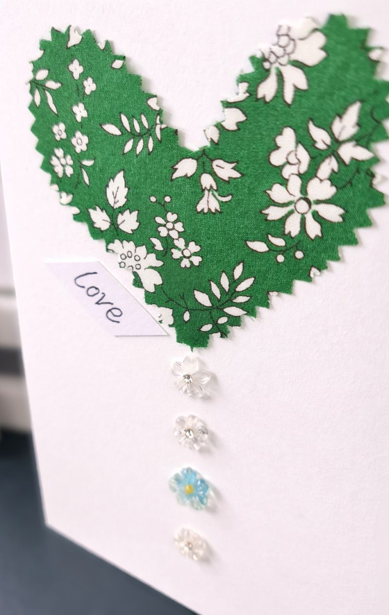 Handmade Liberty of London Heart Card in Green Floral Fabric