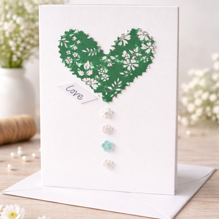 Handmade Liberty of London Heart Card in Green Floral Fabric