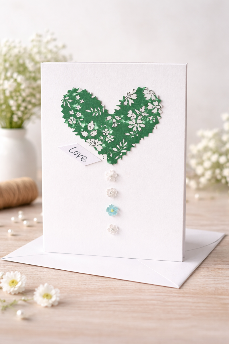 Handmade Liberty of London Heart Card in Green Floral Fabric