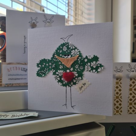 Handmade Liberty of London Fabric Card with Cheeky Bird and Felt Heart