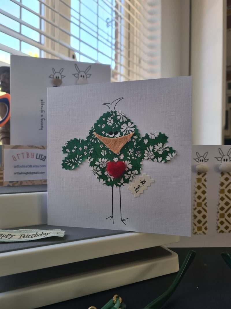 Handmade Liberty of London Fabric Card with Cheeky Bird and Felt Heart