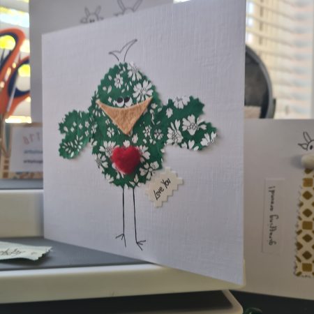 Handmade Liberty of London Fabric Card with Cheeky Bird and Felt Heart