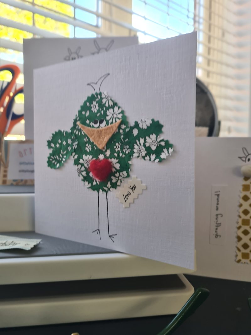Handmade Liberty of London Fabric Card with Cheeky Bird and Felt Heart