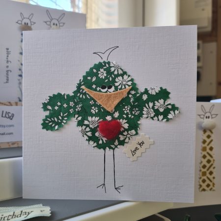 Handmade Liberty of London Fabric Card with Cheeky Bird and Felt Heart