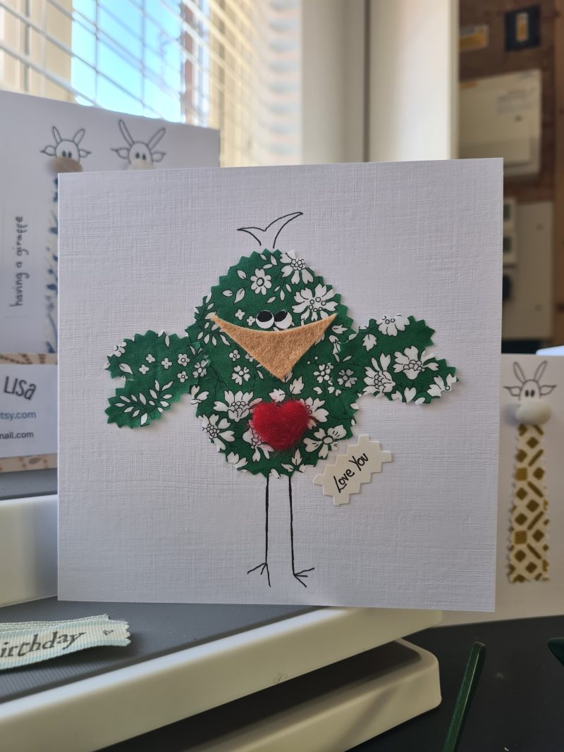 Handmade Liberty of London Fabric Card with Cheeky Bird and Felt Heart