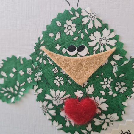 Handmade Liberty of London Fabric Card with Cheeky Bird and Felt Heart