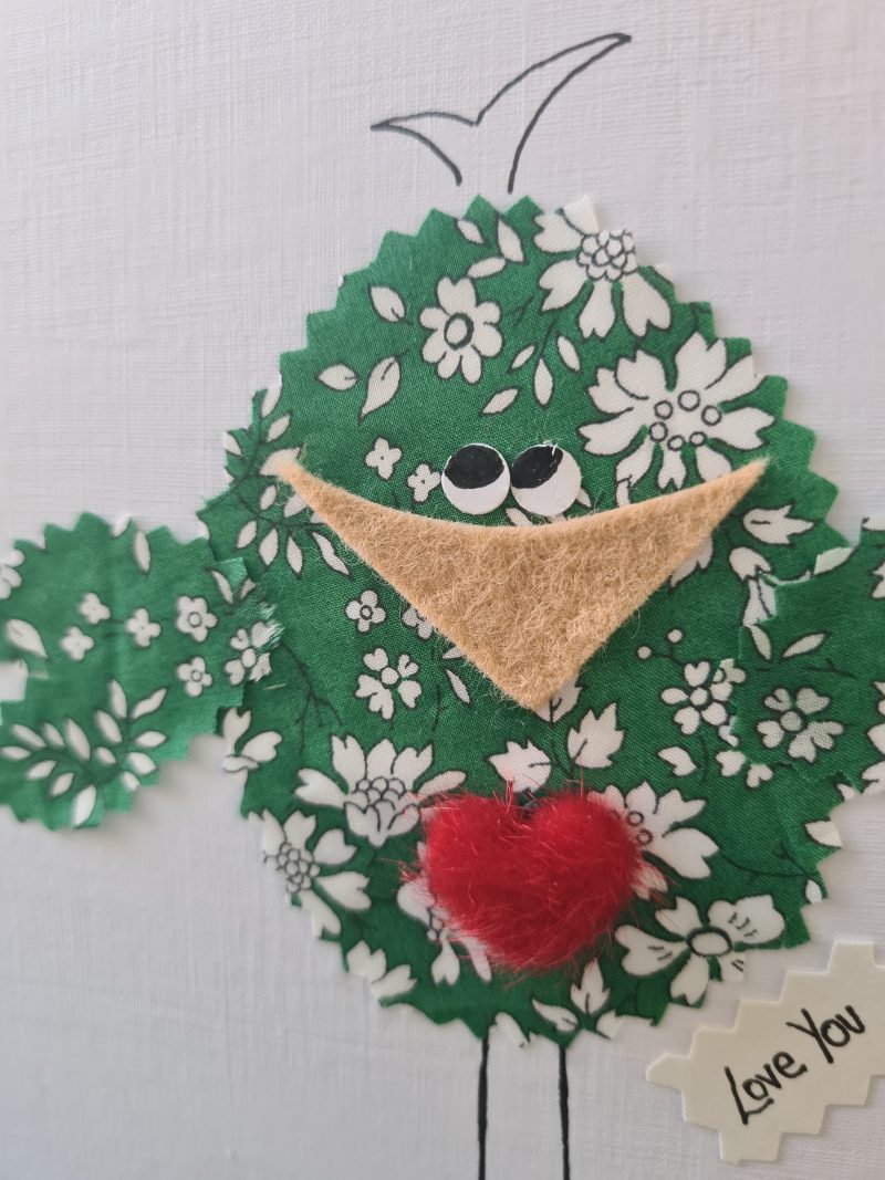 Handmade Liberty of London Fabric Card with Cheeky Bird and Felt Heart