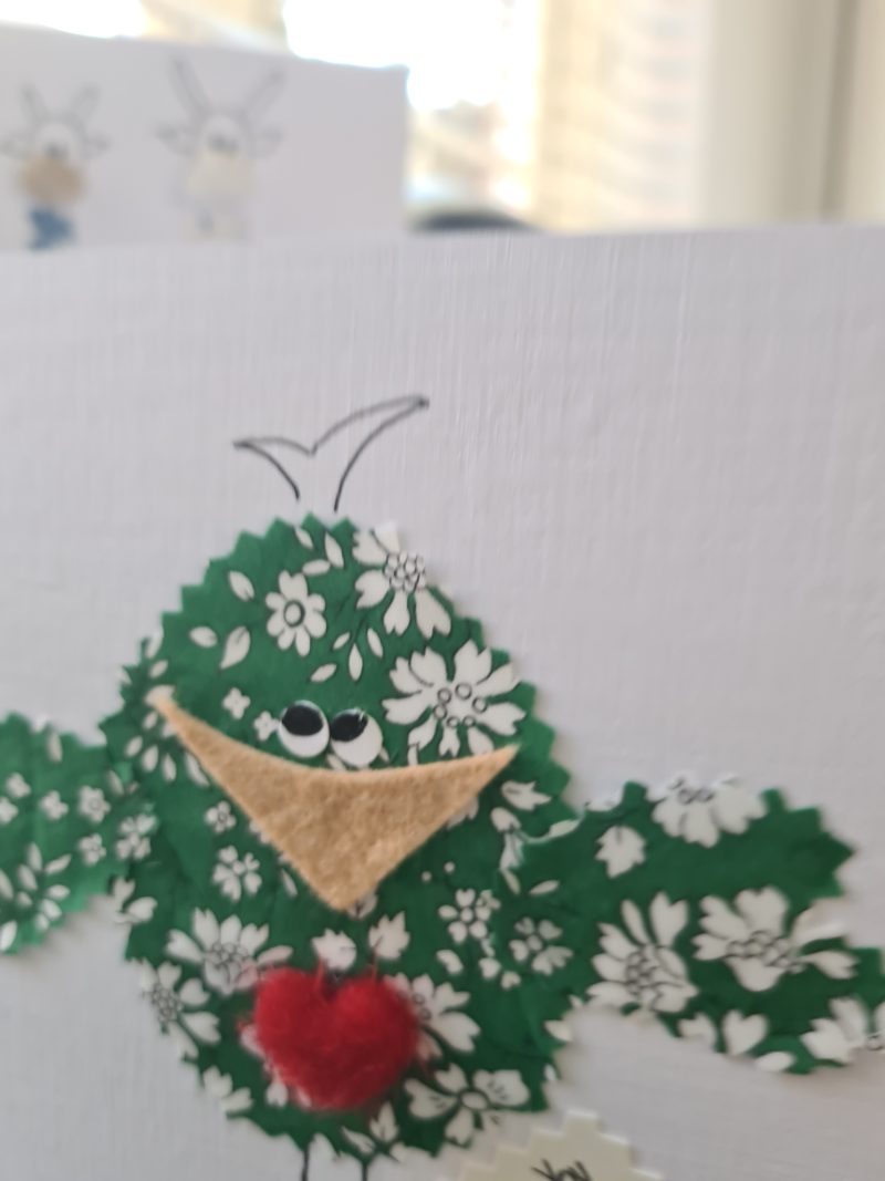 Handmade Liberty of London Fabric Card with Cheeky Bird and Felt Heart