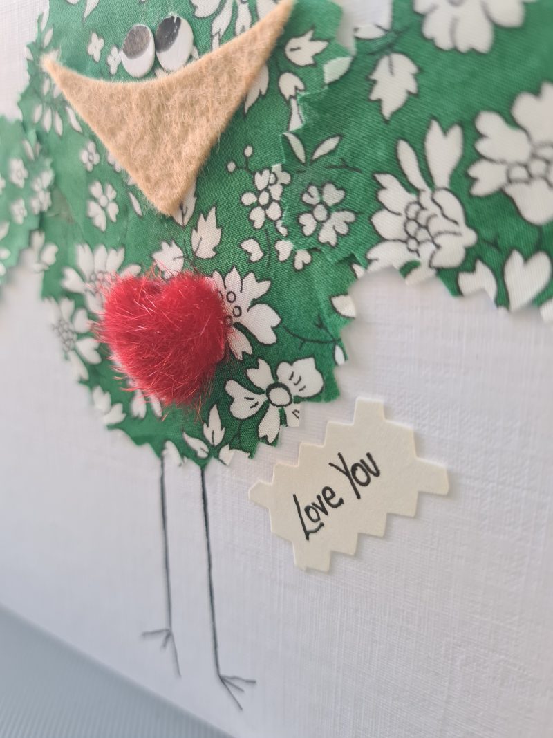 Handmade Liberty of London Fabric Card with Cheeky Bird and Felt Heart