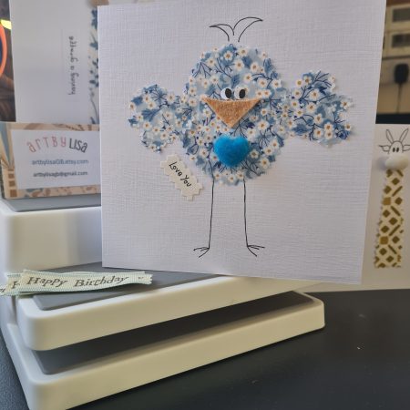 Handmade Greeting Card with Liberty Fabric Bird and Blue Heart