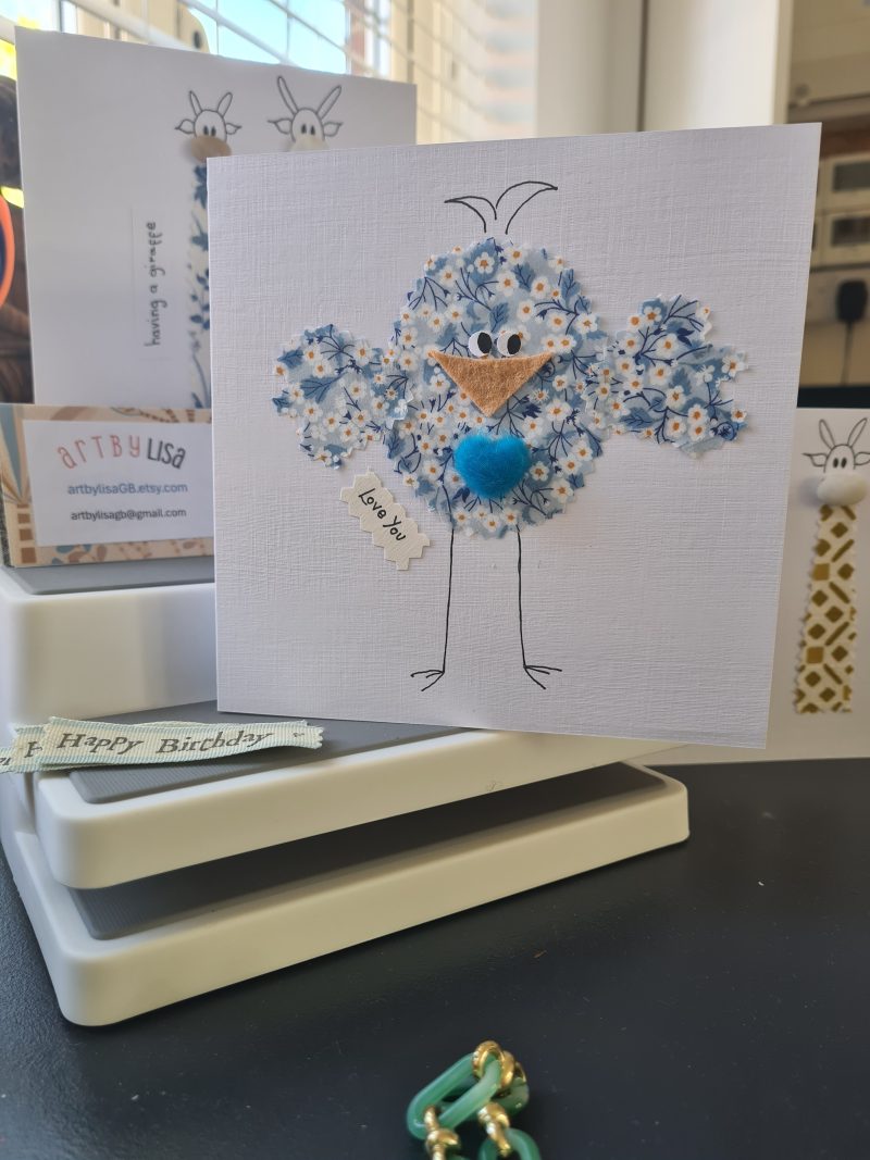 Handmade Greeting Card with Liberty Fabric Bird and Blue Heart