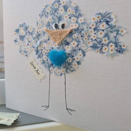Handmade Greeting Card with Liberty Fabric Bird and Blue Heart