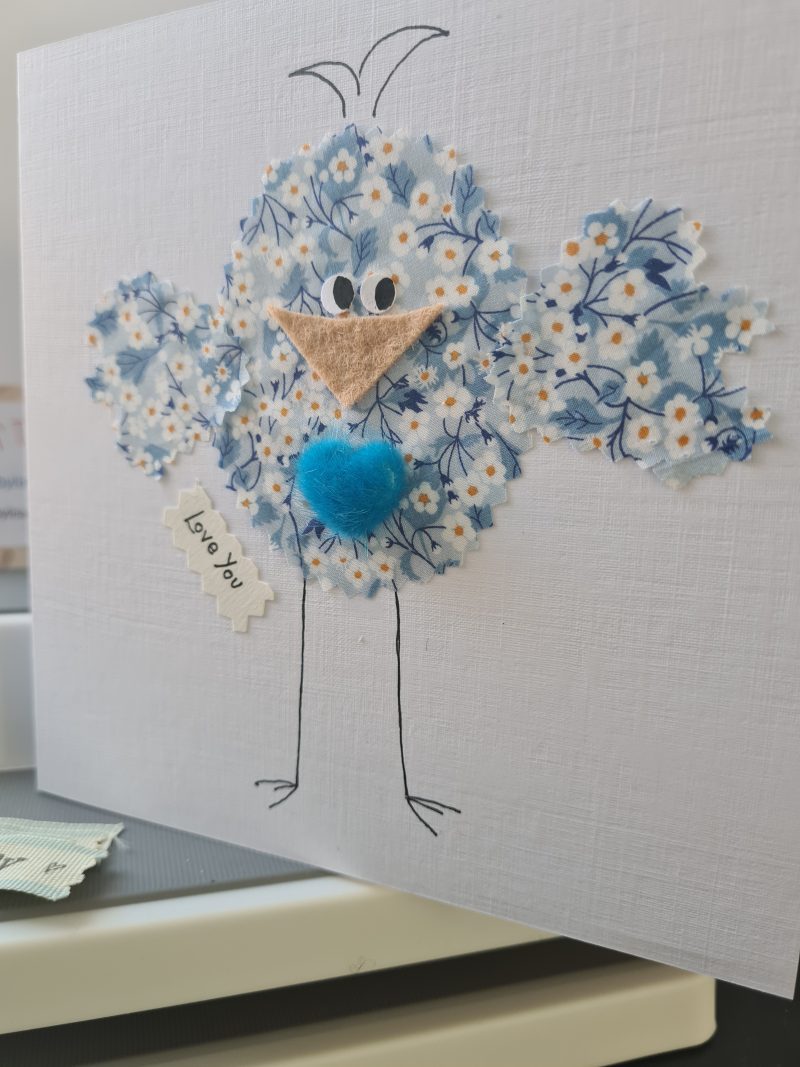 Handmade Greeting Card with Liberty Fabric Bird and Blue Heart