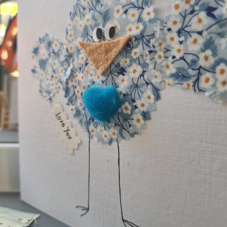 Handmade Greeting Card with Liberty Fabric Bird and Blue Heart
