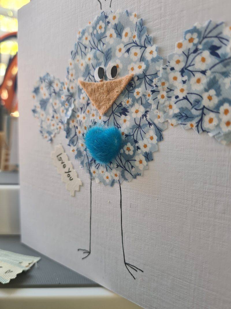 Handmade Greeting Card with Liberty Fabric Bird and Blue Heart