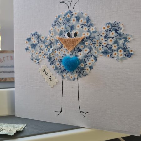 Handmade Greeting Card with Liberty Fabric Bird and Blue Heart