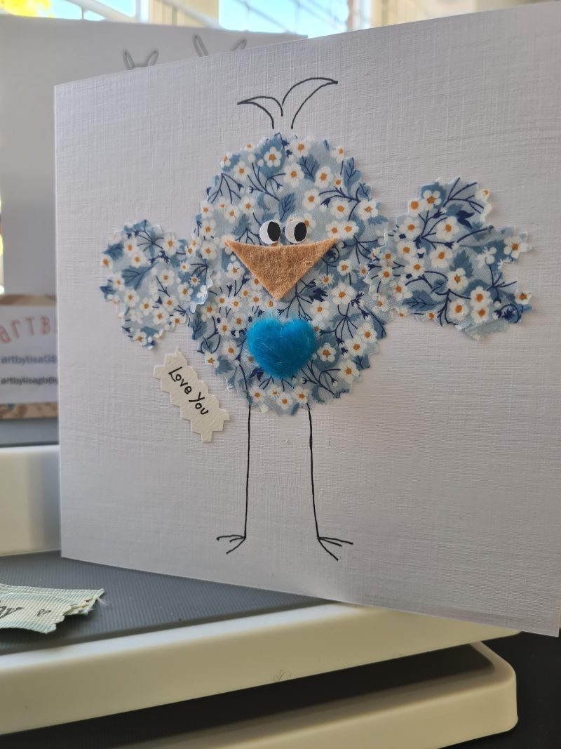 Handmade Greeting Card with Liberty Fabric Bird and Blue Heart