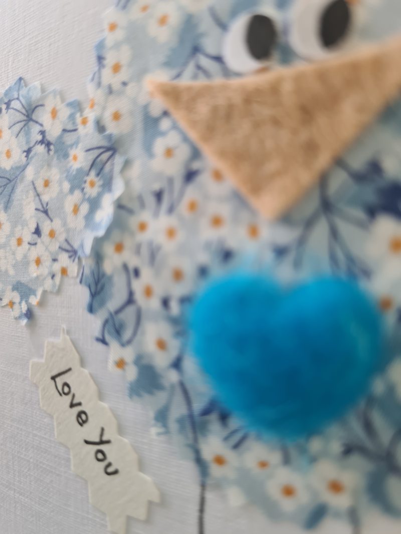 Handmade Greeting Card with Liberty Fabric Bird and Blue Heart