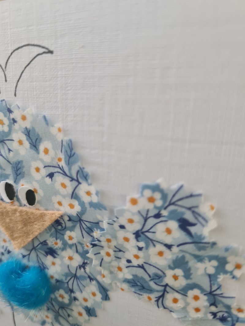 Handmade Greeting Card with Liberty Fabric Bird and Blue Heart