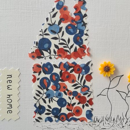 Handmade New Home Card with Liberty Fabric and Sunflowers