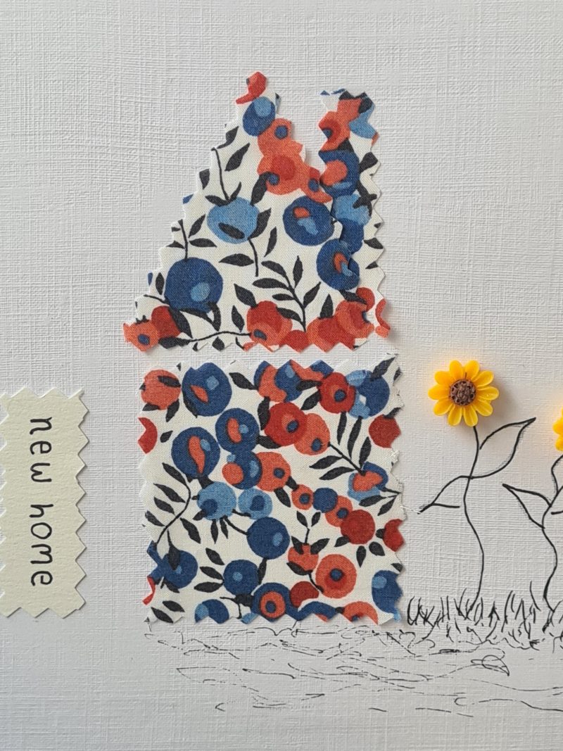 Handmade New Home Card with Liberty Fabric and Sunflowers