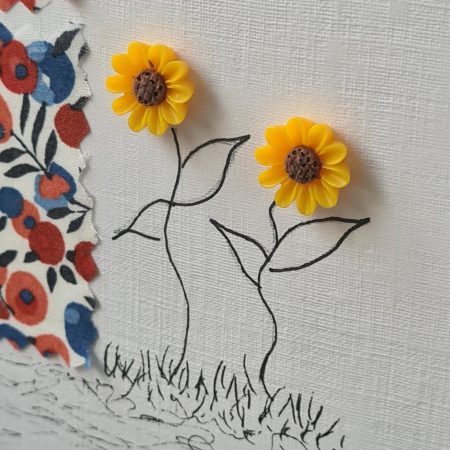 Handmade New Home Card with Liberty Fabric and Sunflowers