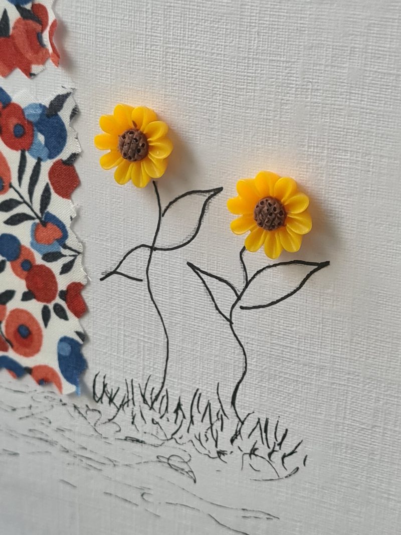 Handmade New Home Card with Liberty Fabric and Sunflowers