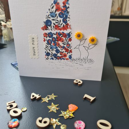 Handmade New Home Card with Liberty Fabric and Sunflowers