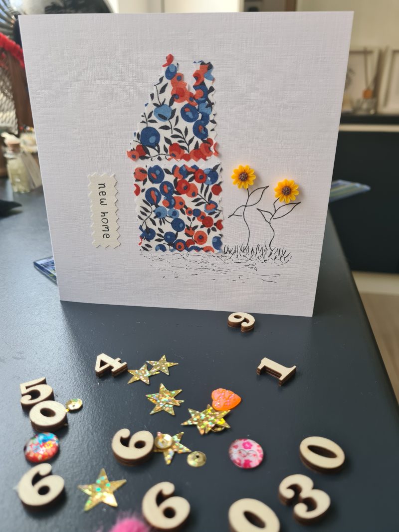 Handmade New Home Card with Liberty Fabric and Sunflowers
