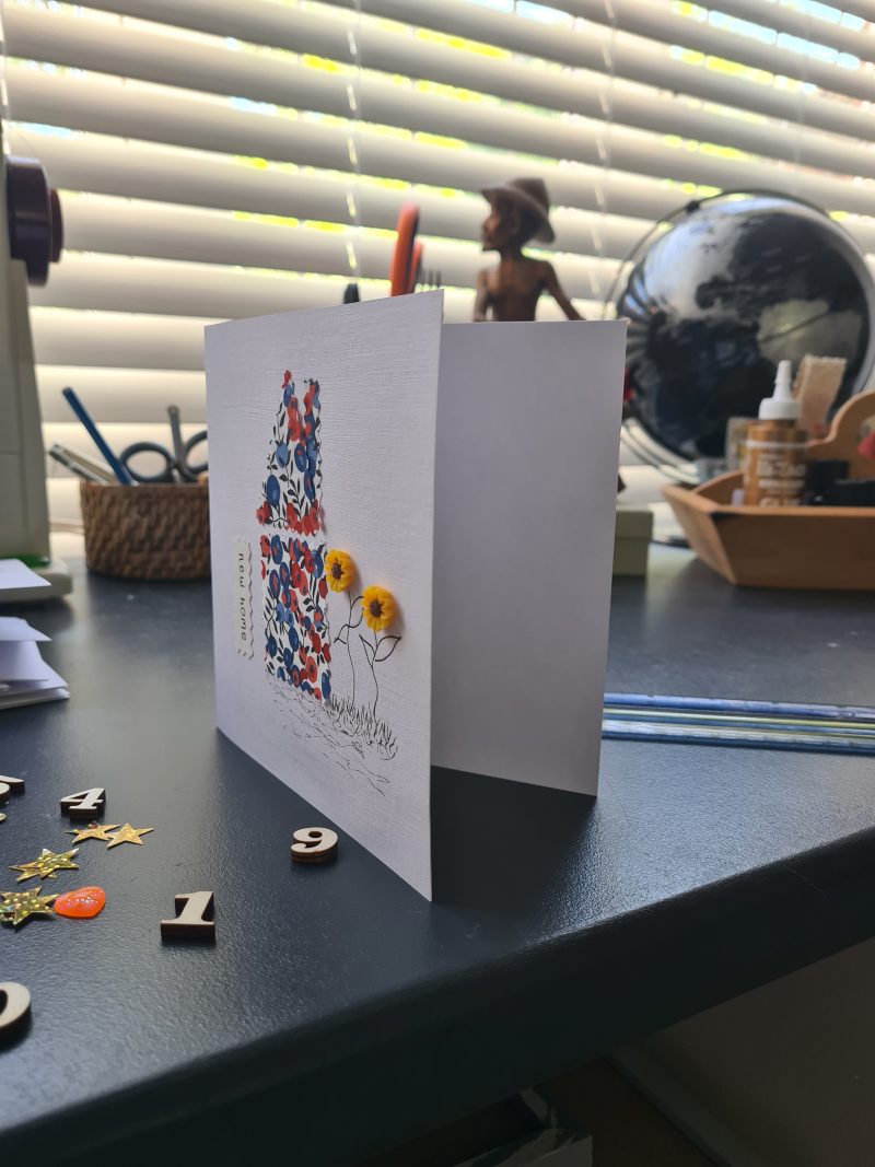 Handmade New Home Card with Liberty Fabric and Sunflowers