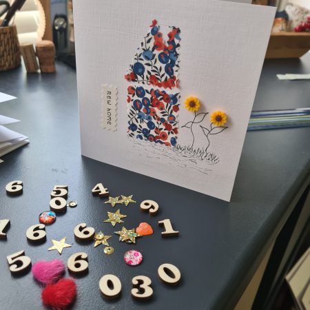 Handmade New Home Card with Liberty Fabric and Sunflowers