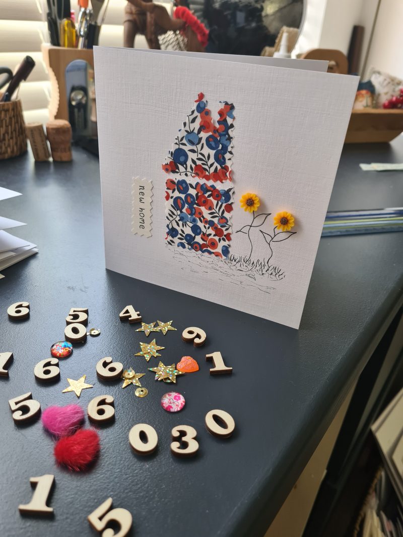 Handmade New Home Card with Liberty Fabric and Sunflowers