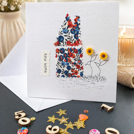 Handmade New Home Card with Liberty Fabric and Sunflowers