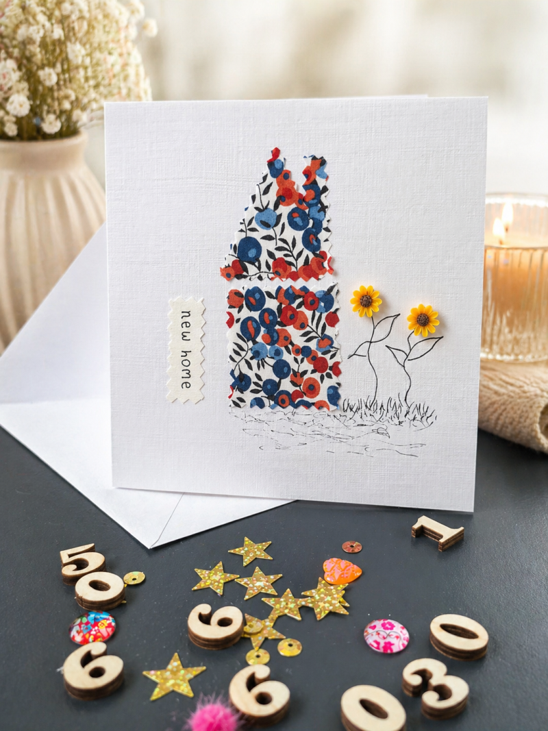 Handmade New Home Card with Liberty Fabric and Sunflowers